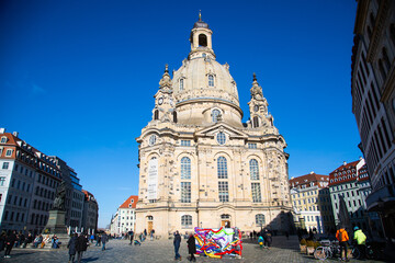 Fototapeta na wymiar Frauenkirche of Dresden, blue sky, east