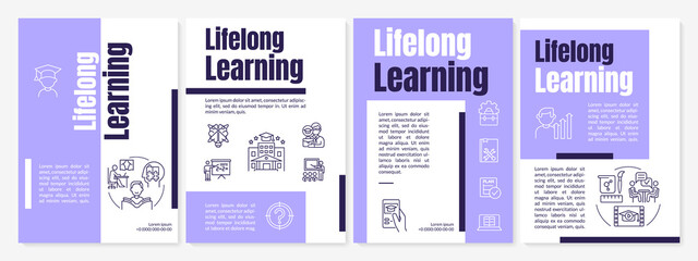 Lifelong learning guideline purple brochure template. Ongoing education. Leaflet design with linear icons. 4 vector layouts for presentation, annual reports. Anton, Lato-Regular fonts used