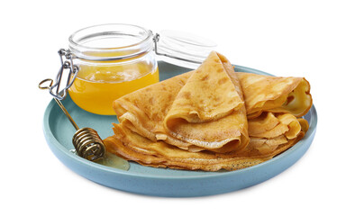 Delicious crepes with honey on white background