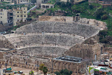 Ancient Roman ruins, amphitheater in Jerash town in Jordan 