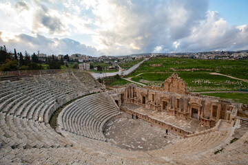 Ancient Roman ruins, amphitheater in Jerash town in Jordan 