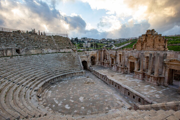 Ancient Roman ruins, amphitheater in Jerash town in Jordan 