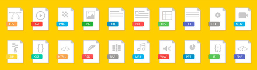 File format flat icon set. Document file icons vector set - obrazy, fototapety, plakaty