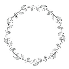 Abstract Black Simple Line Round Circle With Leaf Leaves Frame Flowers Doodle Outline Element Vector Design Style Sketch Isolated Illustration For Wedding And Banner