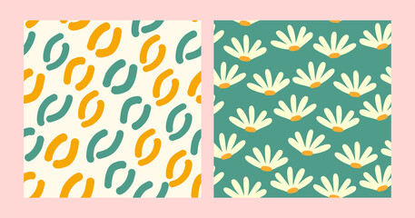 Set of floral seamless patterns with daisy and abstract brush shape. Boho hand drawn texture background with chamomile. Fabric textile print. Design for surface design, cover and wrapping paper.
