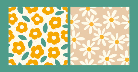 Set of floral seamless patterns with daisy and abstract flower. Boho hand drawn texture background with chamomile. Fabric textile print. Design for surface design, cover and wrapping paper.