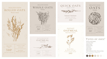 Set of customizable oatmeal labels of Natural healthy food. Cereal oat products packaging templates. Contemporary design for Cosmetics, Pharmacy, bakery