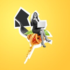 Contemporary art collage of young stylish woman sitting on fork with deliscious spaghetti pasta