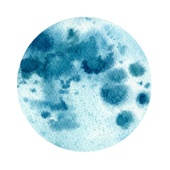 Big watercolor moon illustration.  Symbol of new beginning, dreaming, romance, fantasy, magic. Navy blue, blue colors, circle, full view. Hand drawn water colour painting, transparent background.