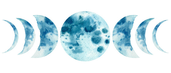 Moon phase watercolour  illustration. Symbol of new beginning, dreaming, romance, fantasy, magic. Navy blue, blue colors, circle, full view. Hand drawn water colour painting, transparent background.