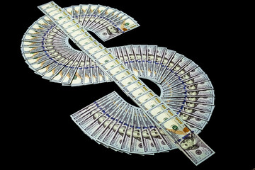 US dollar sign made of one hundred dollar banknotes. Cash money banknotes. US dollars in dollar...