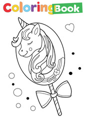 Coloring book or page with unicorn lollipop  vector illustration.