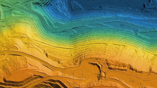 Animation of a mine elevation. GIS product made after processing aerial data taken from a drone. It shows excavation site with steep rock walls	