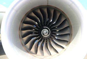 Front View of a Huge Turbofan Jet Engine of the Modern Aircraft