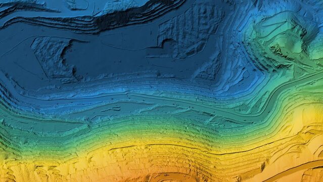 Animation of a mine elevation. GIS product made after processing aerial data taken from a drone. It shows excavation site with steep rock walls	