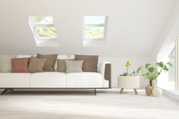 White living room with sofa. Scandinavian interior design. 3D illustration