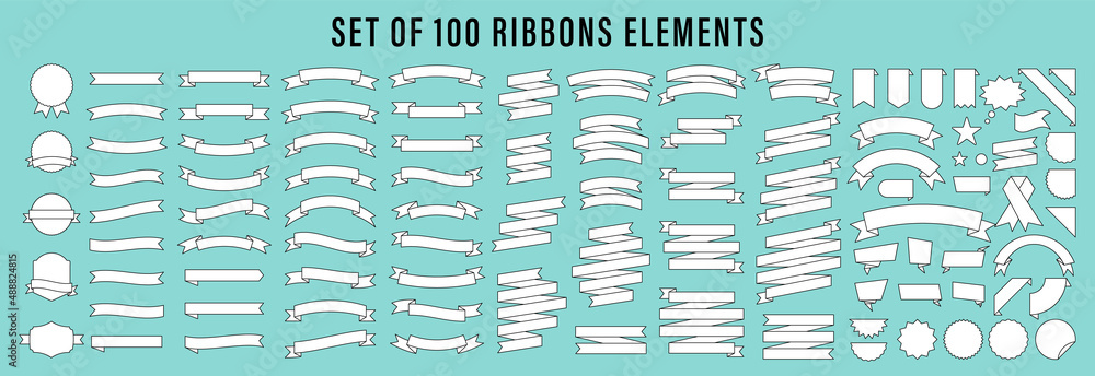 Wall mural set of 100 ribbons. ribbon elements. starburst label. vintage. modern simple ribbons collection. vec