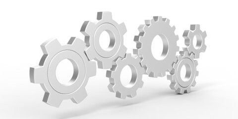 Metal gears on a white background.Engineering technical concept.Rotating mechanism of round parts .3d illustration.