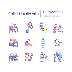 Child mental health RGB color icons set. Changes in kid and teenager behaviour. Isolated vector illustrations. Simple filled line drawings collection. Editable stroke. Quicksand-Light font used