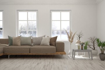 White living room with sofa and winter landscape in window. Scandinavian interior design. 3D illustration