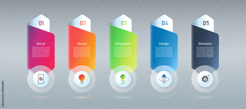 Fototapete infographic design elements. template of 5 options, steps, parts. banner with place for text and ico