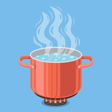 Boiling water in red pot. Cooking pan on stove with water and steam. Vector illustration.