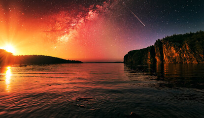 Fototapeta Cliff on the lake under stary sky obraz