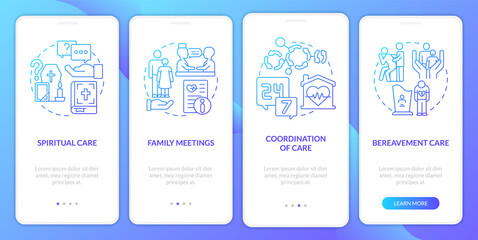 Hospice care blue gradient onboarding mobile app screen. Medical service walkthrough 4 steps graphic instructions pages with linear concepts. UI, UX, GUI template. Myriad Pro-Bold, Regular fonts used
