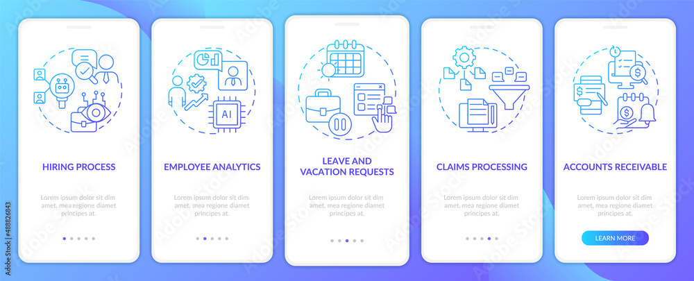 Poster automation in business blue gradient onboarding mobile app screen. walkthrough 5 steps graphic instr