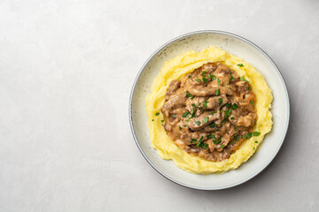 Traditional Russian dish Beef stroganoff with mashed potatoes in plate on concrete background