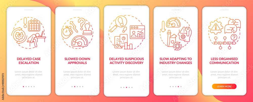 Poster bpa challenges red gradient onboarding mobile app screen. walkthrough 5 steps graphic instructions p