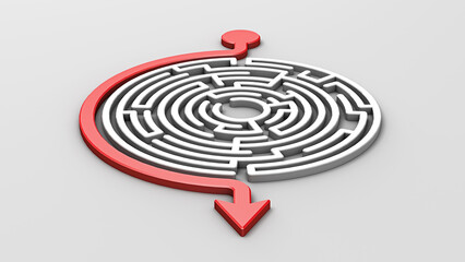 Round maze on a light background. The turn signal. The red arrow. Finding the right path. 3D rendering. Illustration.