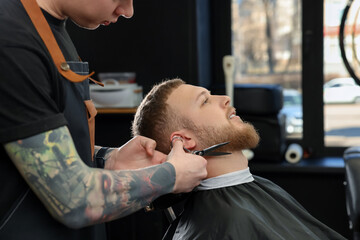 Professional hairdresser working with bearded client in barbershop