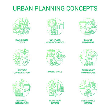 Urban Planning Green Gradient Concept Icons Set. Town Development Process Idea Thin Line Color Illustrations. Isolated Symbols. Editable Stroke. Roboto-Medium, Myriad Pro-Bold Fonts Used