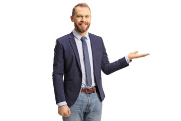 Smiling casual formal businessman holding with hand