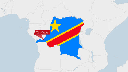 DR Congo map highlighted in DR Congo flag colors and pin of country capital Kinshasa.