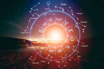 Zodiac signs inside of horoscope circle astrology and horoscopes concept on background