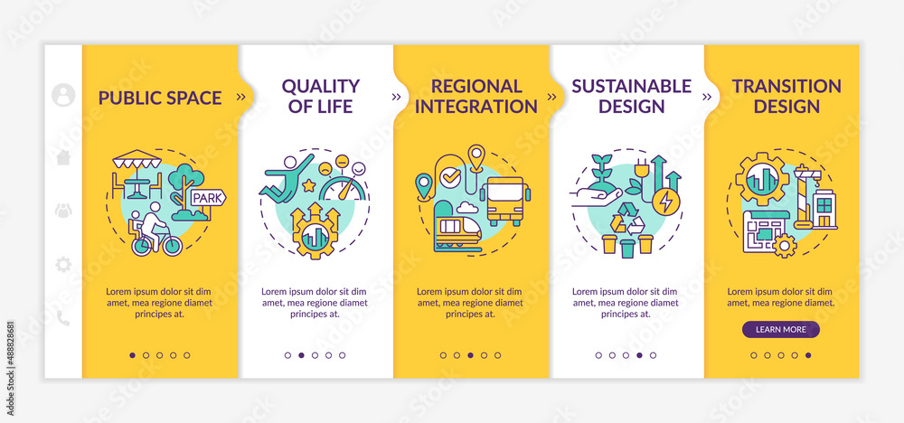 Poster principles of urban design yellow onboarding template. life quality improving. responsive mobile web
