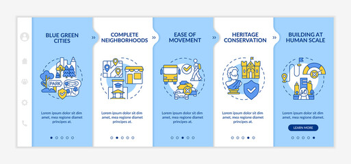 Urban design principles blue and white onboarding template. City planning. Responsive mobile website with linear concept icons. Web page walkthrough 5 step screens. Lato-Bold, Regular fonts used