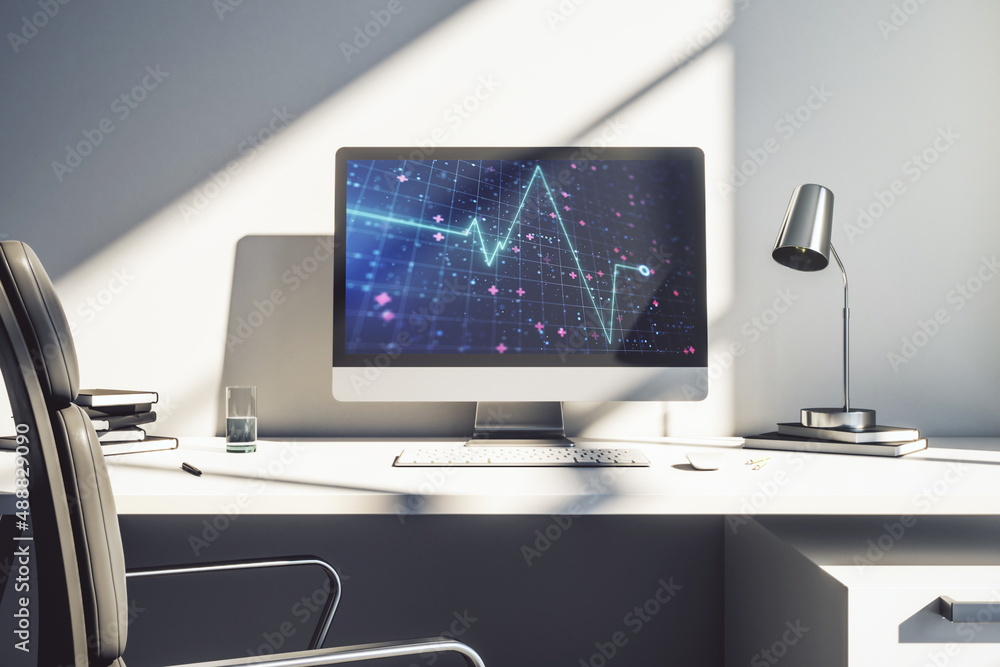 Poster modern computer monitor with creative abstract heart rate hologram. healthcare technolody concept. 3
