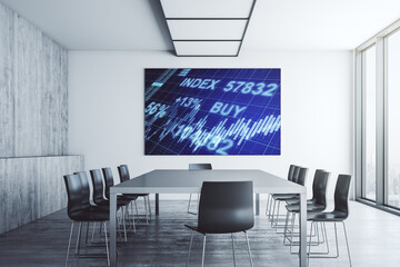 Abstract creative financial diagram on presentation monitor in a modern boardroom, banking and accounting concept. 3D Rendering