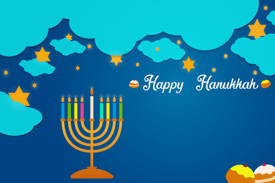 Happy Hanukkah banner, template design. background holiday of menorah with candle from chanukah or hanuka. illustration of hannukah for sale or party festival at happy in jewish 