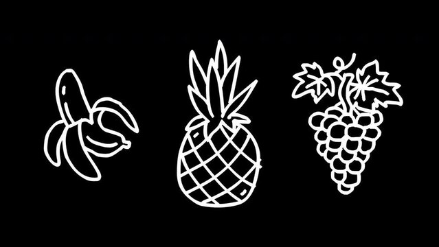 Banana pineapple grapes white outline. Frame by frame animation. Alpha channel. Looped animation