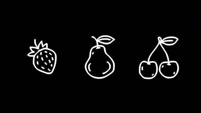 Strawberry pear cherry white outline. Frame by frame animation. Alpha channel. Looped animation