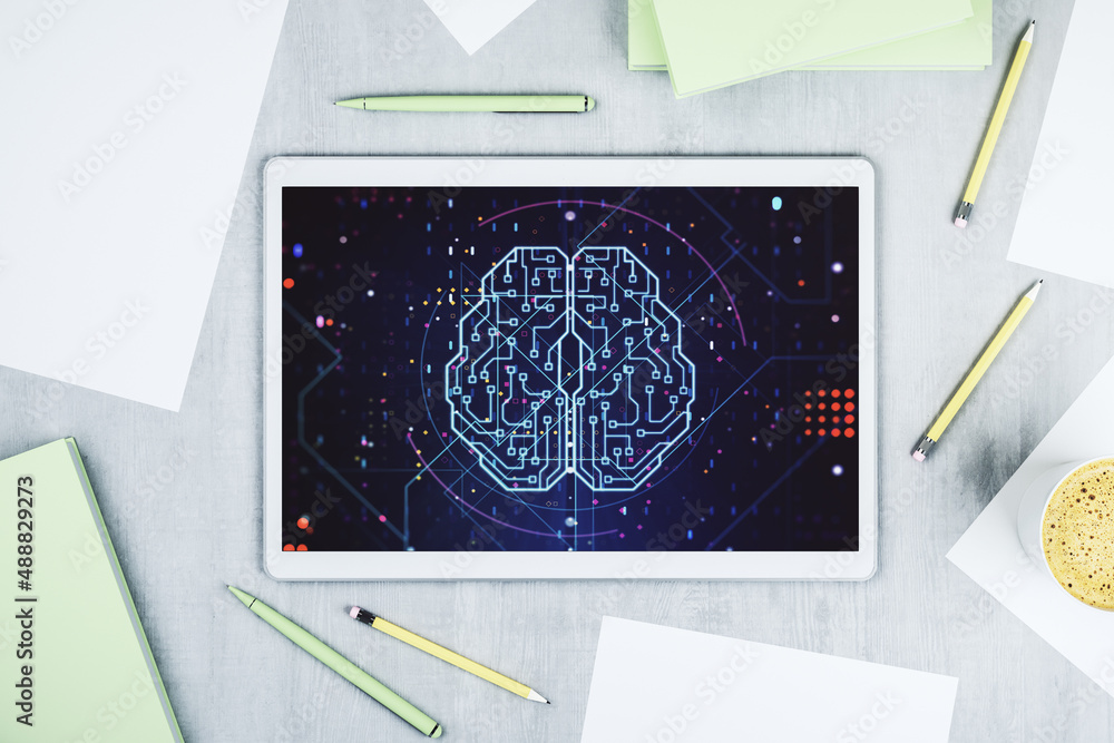 Leinwandbilder Top view of modern digital tablet monitor with creative artificial Intelligence symbol. Neural networks and machine learning concept. 3D Rendering
