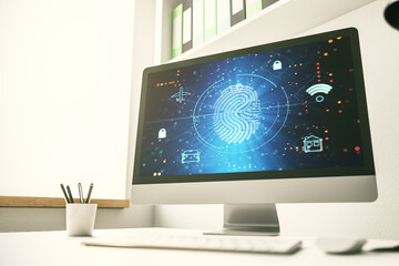 Abstract creative fingerprint hologram on modern computer monitor, protection of personal information concept. 3D Rendering