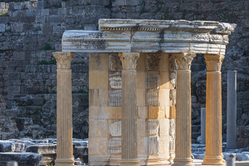 An antique ruined city of columns.Ruin. View of the ancient city in Side, Turkey.