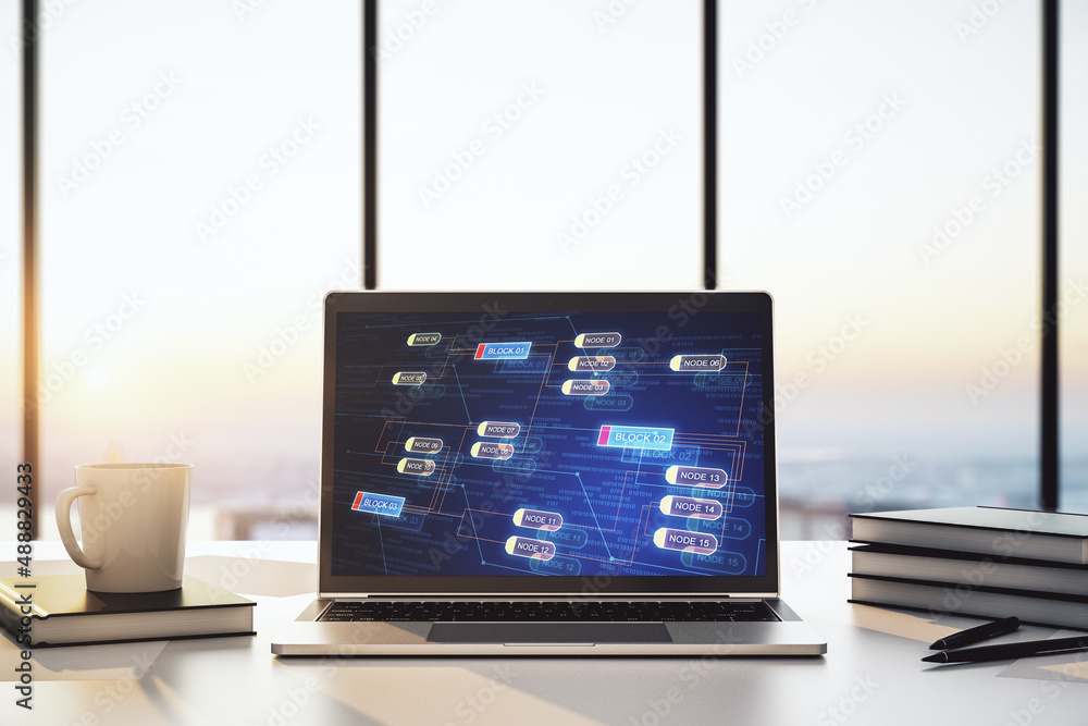 Poster abstract creative coding concept on modern laptop screen. 3d rendering