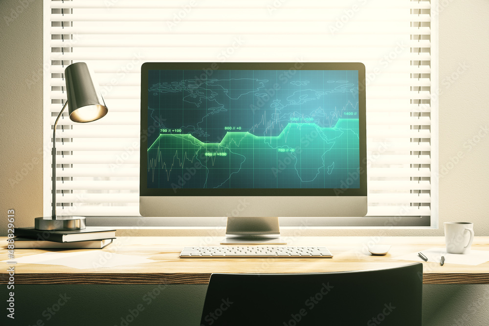 Poster stats data illustration on modern laptop monitor, computing and analytics concept. 3d rendering