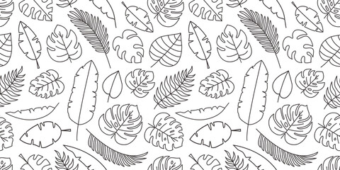 Palm leaf line vector seamless pattern, exotic floral background, tropical foliage leaves texture. Nature black outline print. Plant illustration